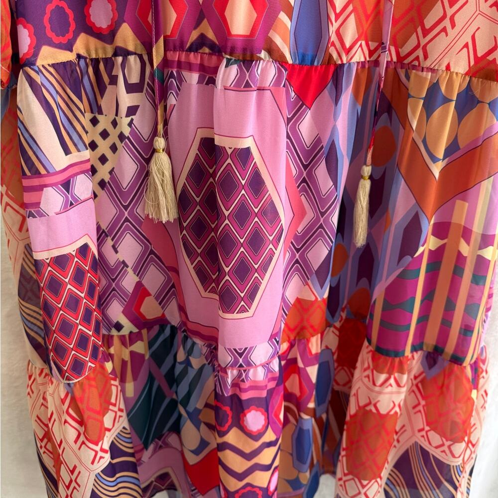 THML Anthropologie Abstract Short Sleeve Dress Small Tiered Skirt - Picture 4 of 9